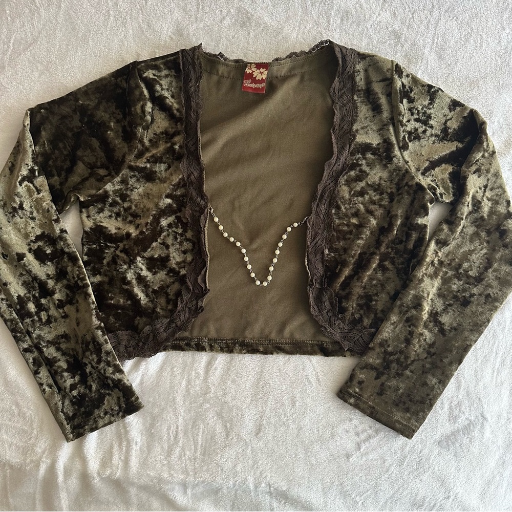 Vintage Green Velvet Pearl Cardigan